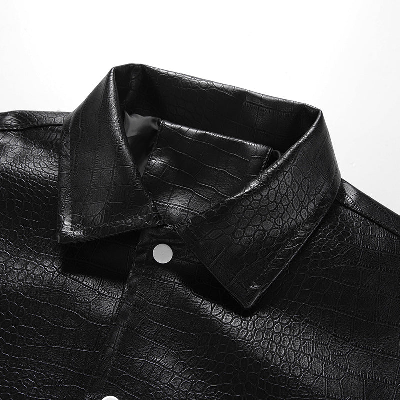Modern men's chic croc design jacket in black, a statement piece for contemporary fashion.
