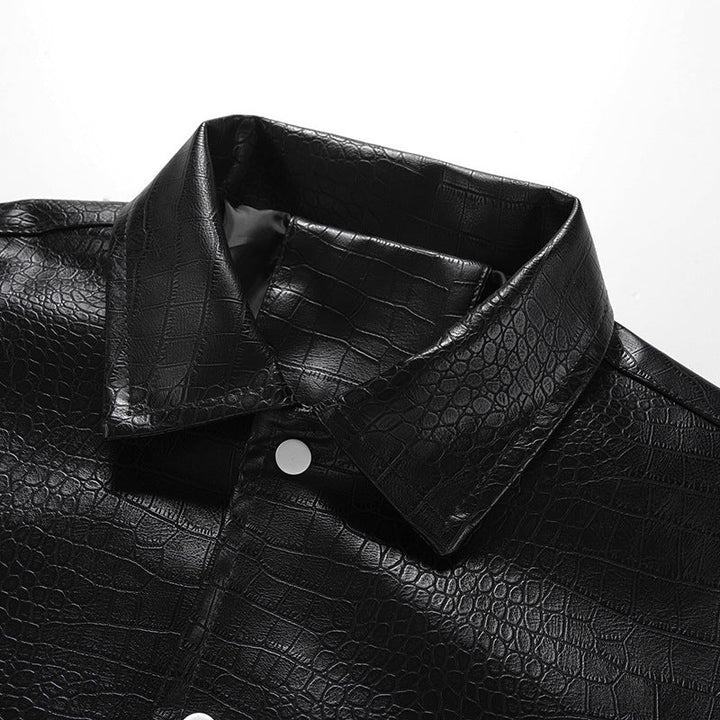 Modern men's chic croc design jacket in black, a statement piece for contemporary fashion.