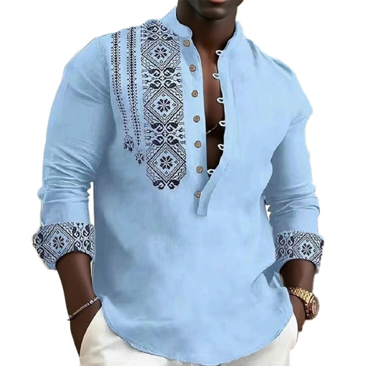 Stylish men's long sleeve shirt with a vibrant ethnic pattern, offering a unique and eye-catching casual elegance.