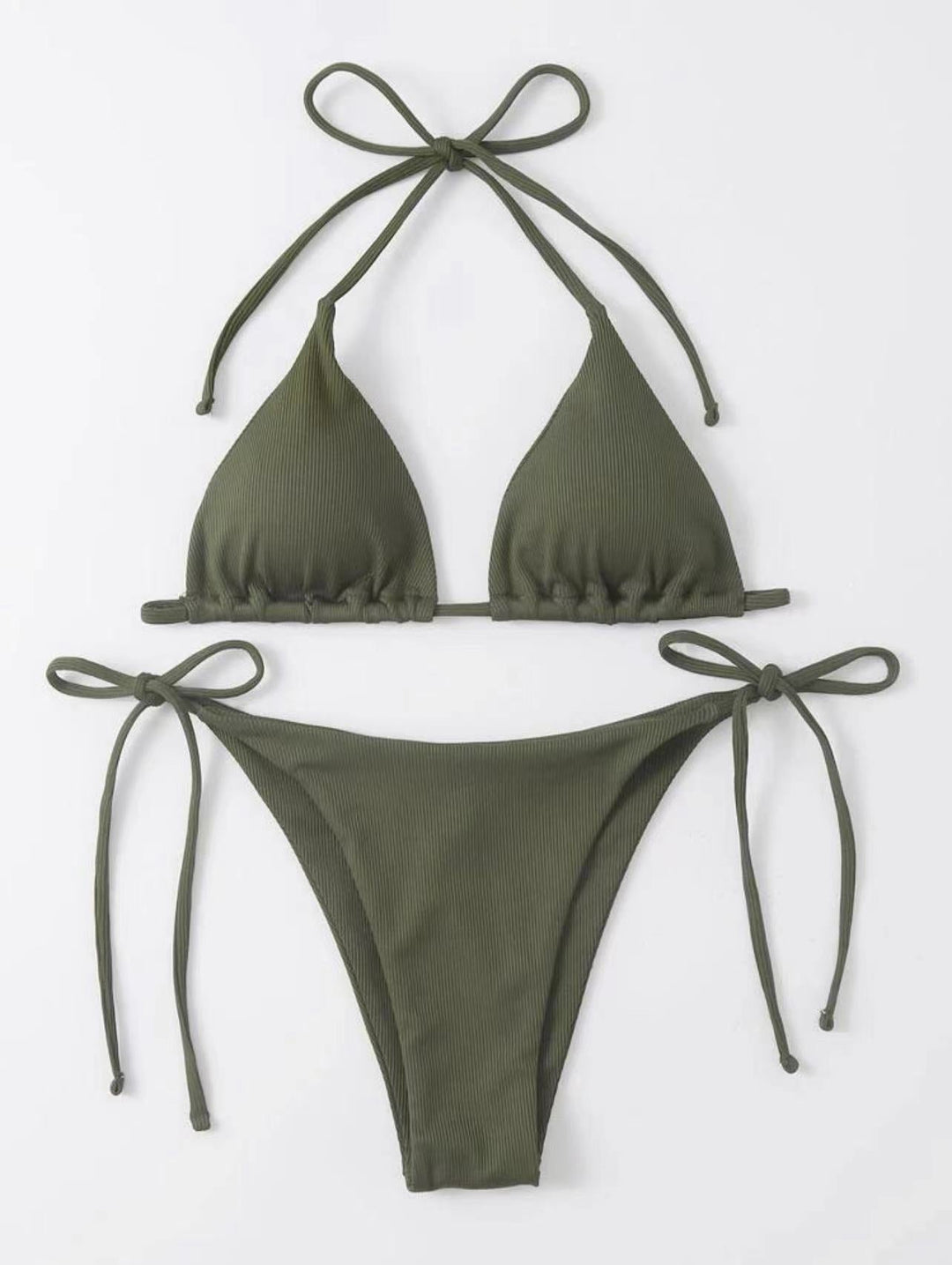 Chic ribbed striped tie-front bikini top & bottom. Flattering women's summer swimwear style.