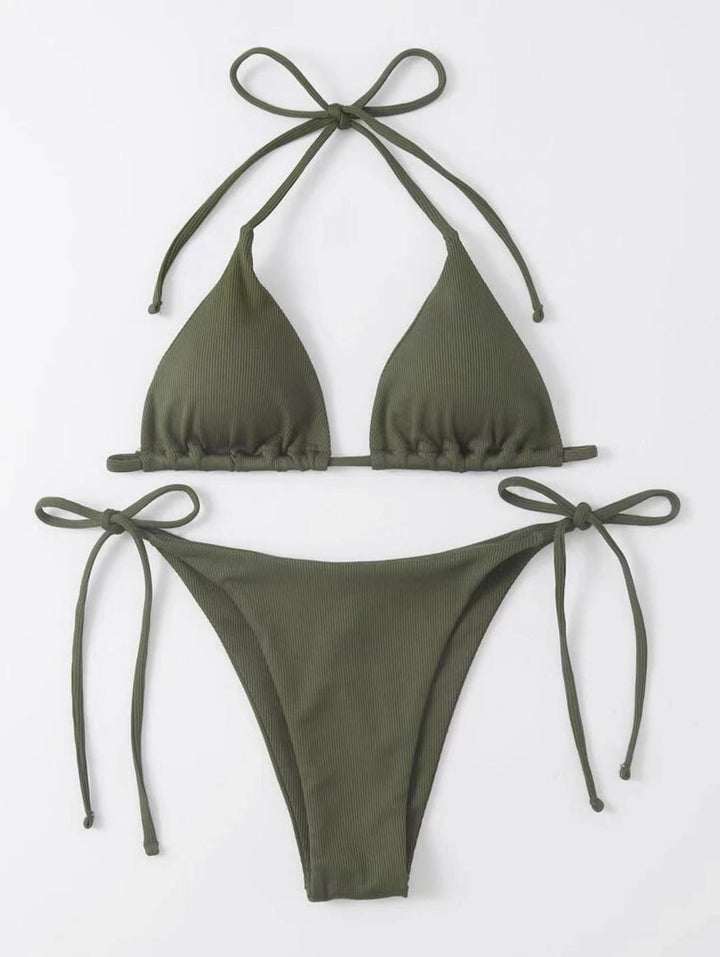 Chic ribbed striped tie-front bikini top & bottom. Flattering women's summer swimwear style.