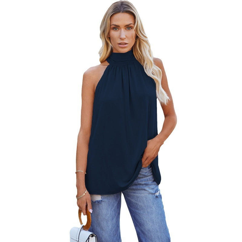 Modern high-neck sleeveless blouse for women, showcasing elegant summer style & fluid comfort.