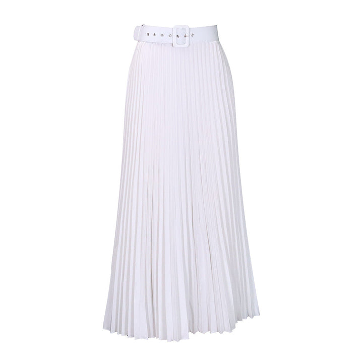 Chic women's pleated mid-skirt, ideal for office or events, with an adjustable belt.