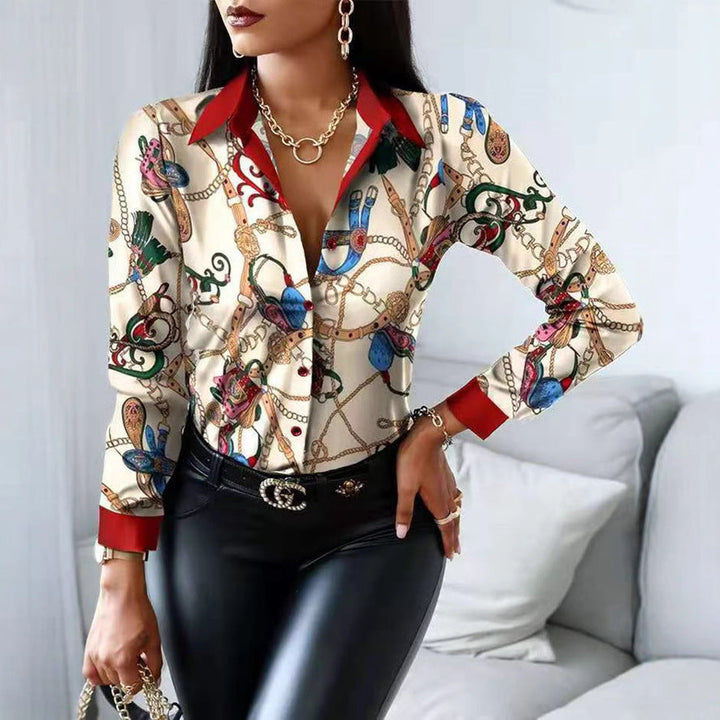 Female long sleeve button-up shirt with an abstract artistic print, suitable for versatile fashion & office wear.