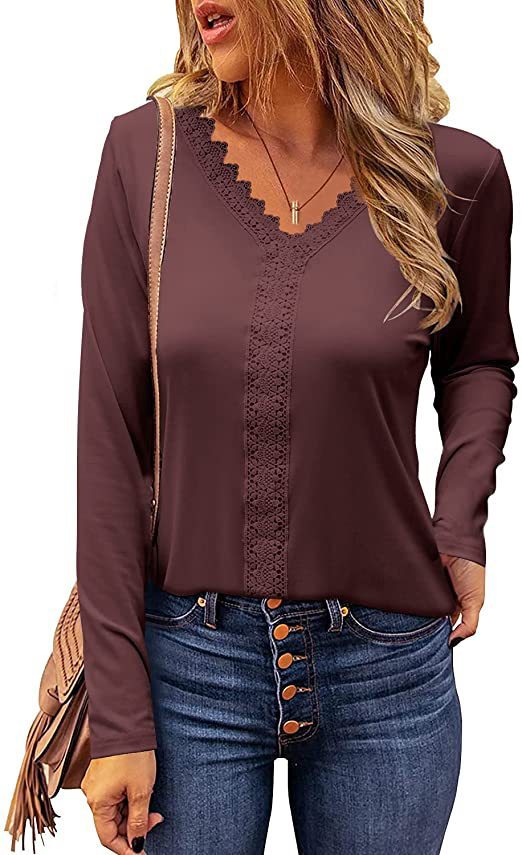 Women's stylish V-neck long sleeve blouse, featuring elegant lace detailing for a sophisticated look.