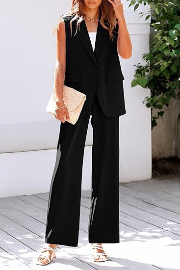 Sophisticated women's summer suit, includes a sleeveless blazer & high-waisted wide leg pants.
