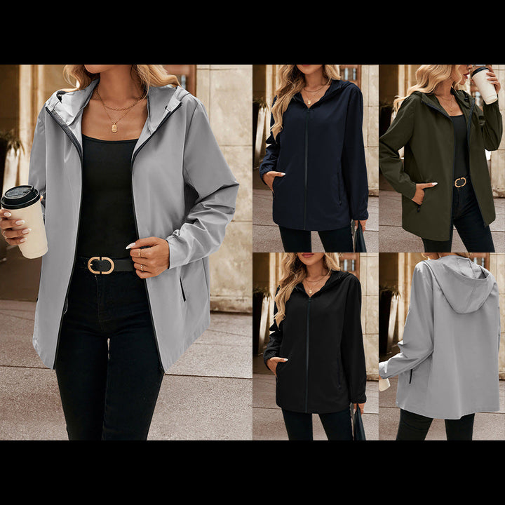 Women's lightweight hooded transitional jacket with practical pockets, ideal for spring & fall outerwear.