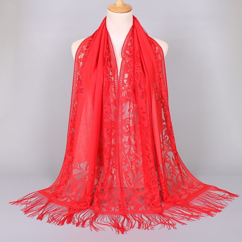 Chic floral lace fringed scarf for women, an elegant versatile accessory for any season.