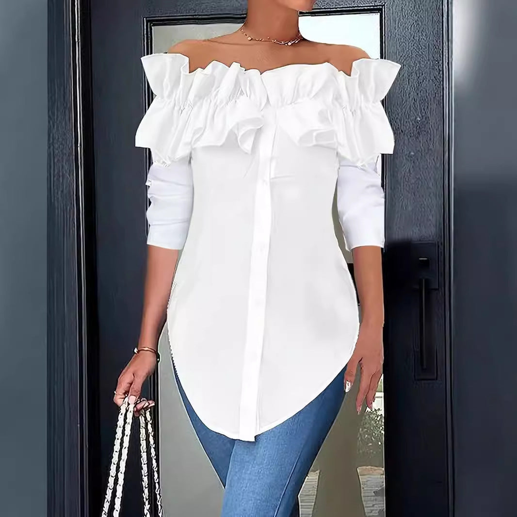 Chic women's ruffle off-shoulder top, ideal for a versatile casual or party outfit. Feminine design.