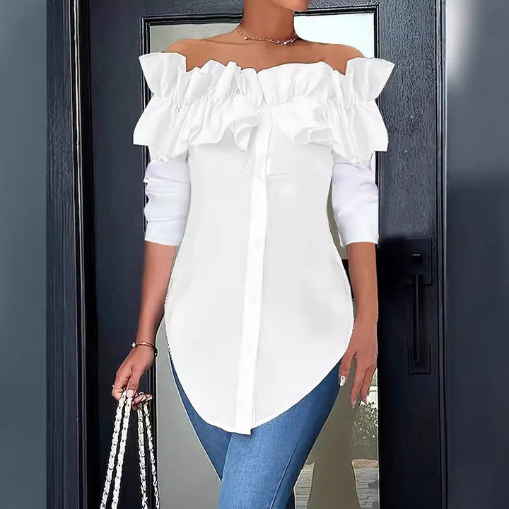 Chic women's ruffle off-shoulder top, ideal for a versatile casual or party outfit. Feminine design.