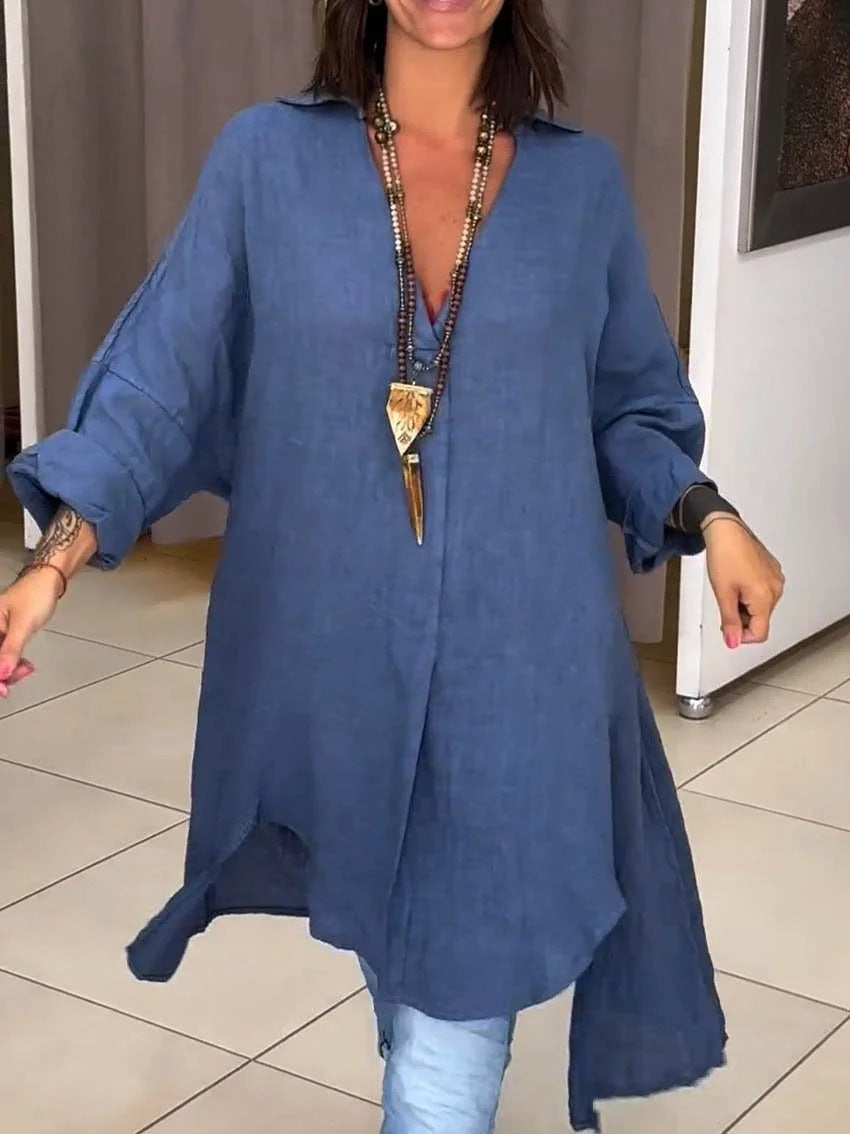 Fashionable women's button-down shirt, ideal for spring & summer with versatile roll-up sleeves.