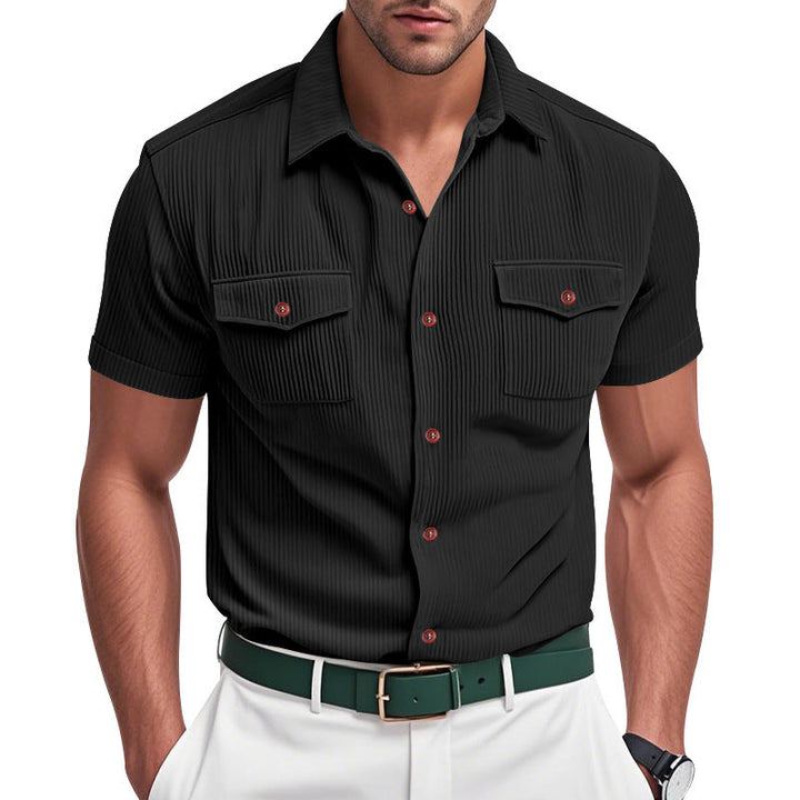 Mens striped short-sleeve shirt. Casual summer top with dual chest pockets, perfect for everyday relaxed style.