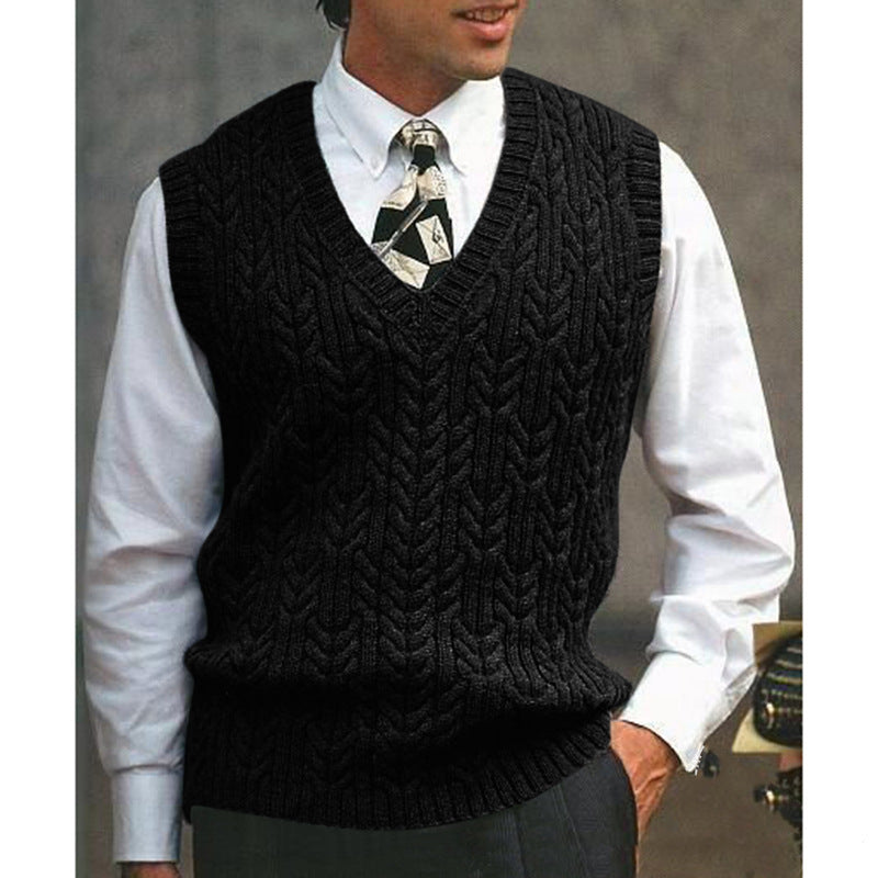 High-quality men's cable knit v-neck sweater vest, a timeless piece for smart fashion.