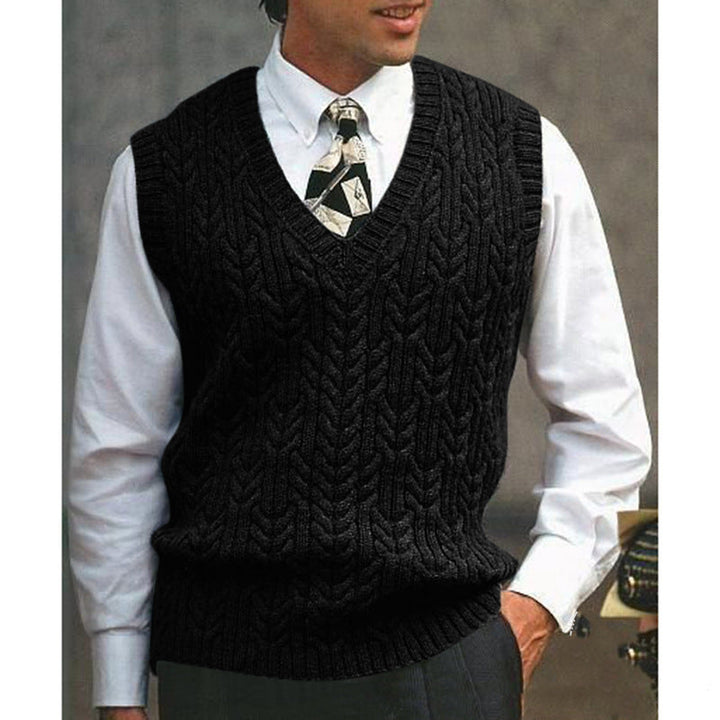 High-quality men's cable knit v-neck sweater vest, a timeless piece for smart fashion.