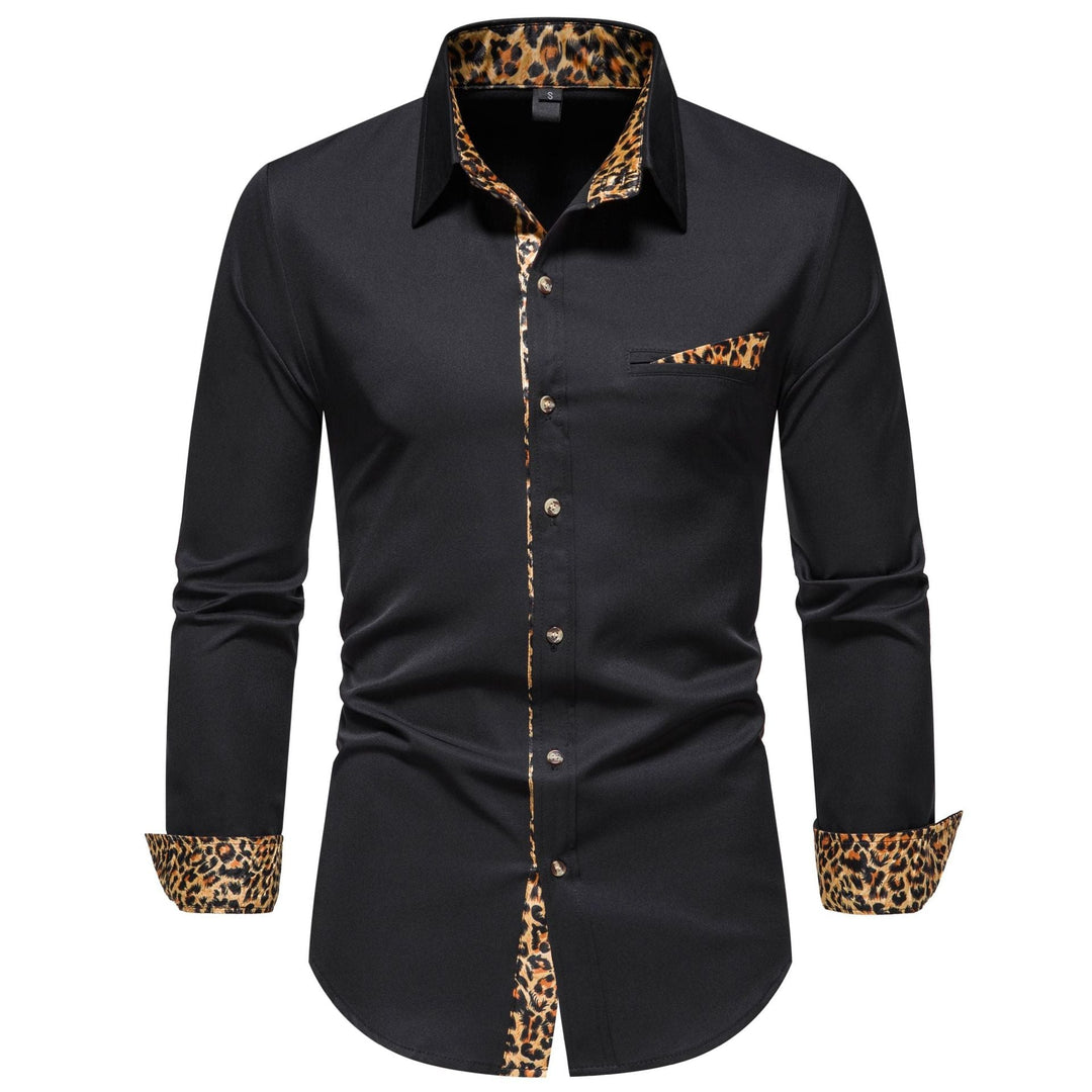 Full length view of a men's white long-sleeve button-up shirt with elegant leopard print collar and cuff design.