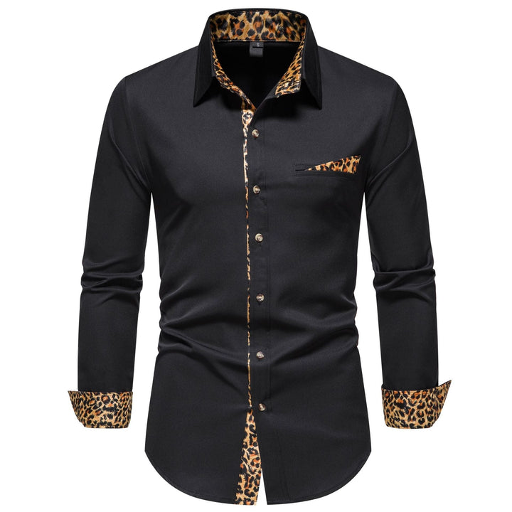 Full length view of a men's white long-sleeve button-up shirt with elegant leopard print collar and cuff design.