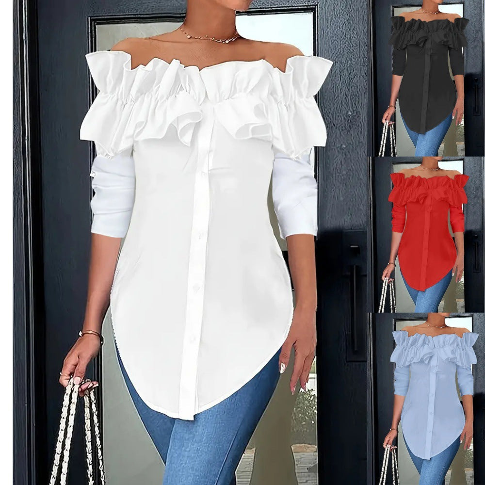 Elegant women's off-shoulder ruffle blouse with button placket, perfect for chic summer style.