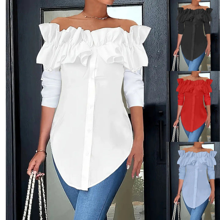Elegant women's off-shoulder ruffle blouse with button placket, perfect for chic summer style.