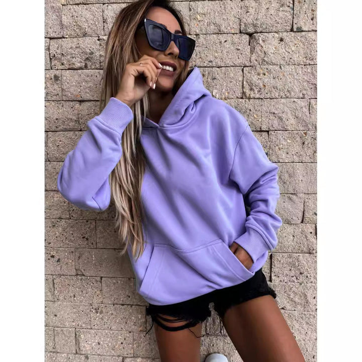 Comfortable women's loungewear hoodie, relaxed fit pullover ideal for everyday casual style.