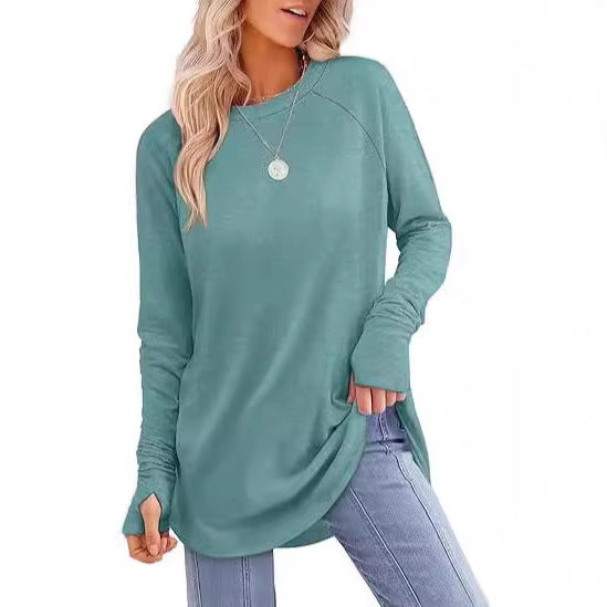 Front view of women's modern cut long sleeve t-shirt, highlighting its relaxed fit.