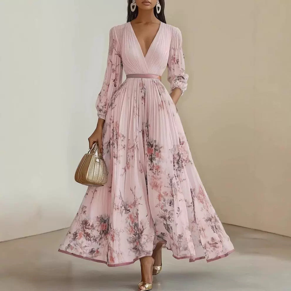 Women's elegant floral V-neck maxi dress, ideal as a party dress or evening gown for sophisticated special occasions.
