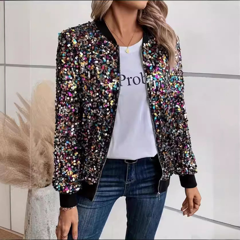Textured women's sequin jacket, a sparkling outerwear piece with a comfortable fit and stylish embellishments.