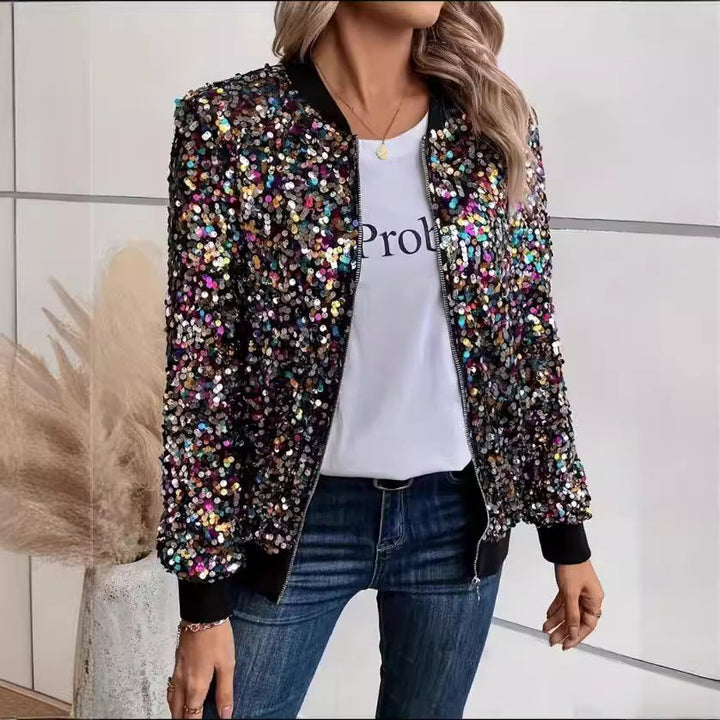 Textured women's sequin jacket, a sparkling outerwear piece with a comfortable fit and stylish embellishments.