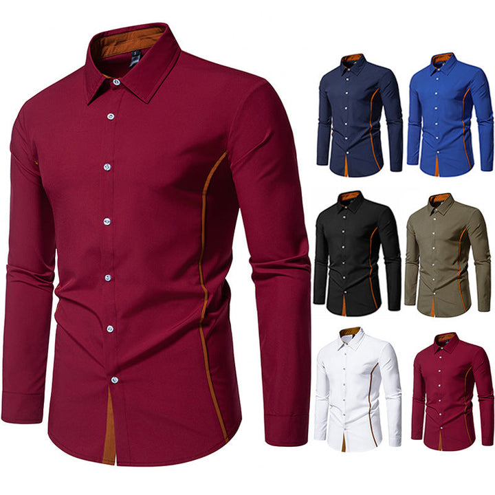Smart casual men's button-up shirt featuring unique contrast stitch detailing on sleeves.