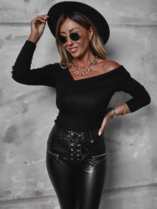 Modern elegant women's off-shoulder long sleeve bodysuit, a chic and versatile fashion statement top.