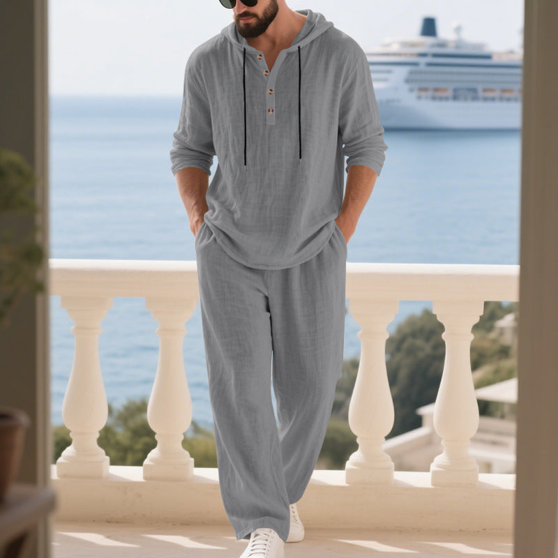 Front view of a men's relaxed fit hoodie set with practical kangaroo pockets.
