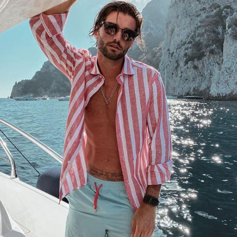 Men's striped short sleeve button-up shirt, relaxed fit, a comfortable & trendy choice for summer beachwear.