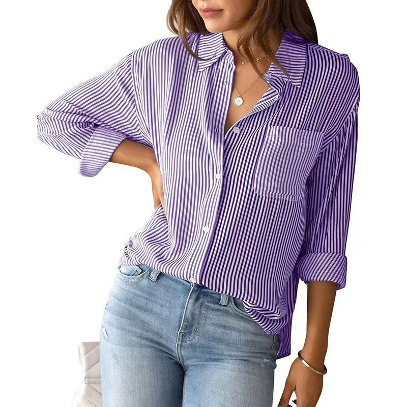 Women's casual long-sleeve striped shirt with a practical and chic chest pocket.