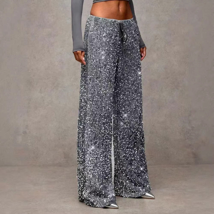 Comfortable women's sequin palazzo pants, high-waist design for formal or evening attire.