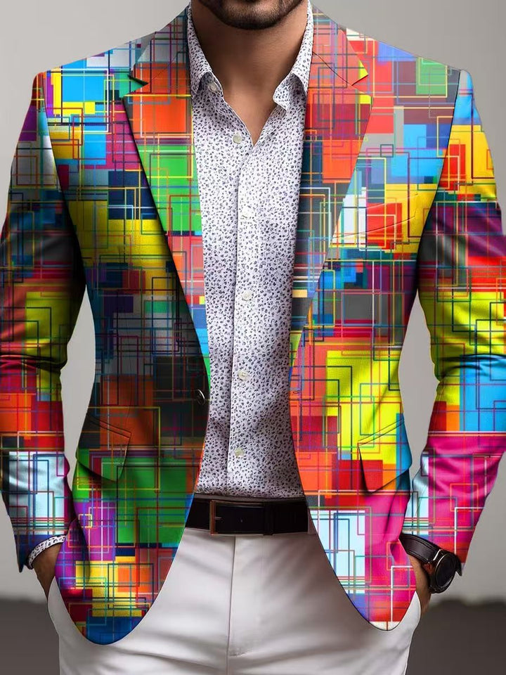 Chic men's slim fit blazer with unique pocket details, a modern statement piece for fashion-forward men.