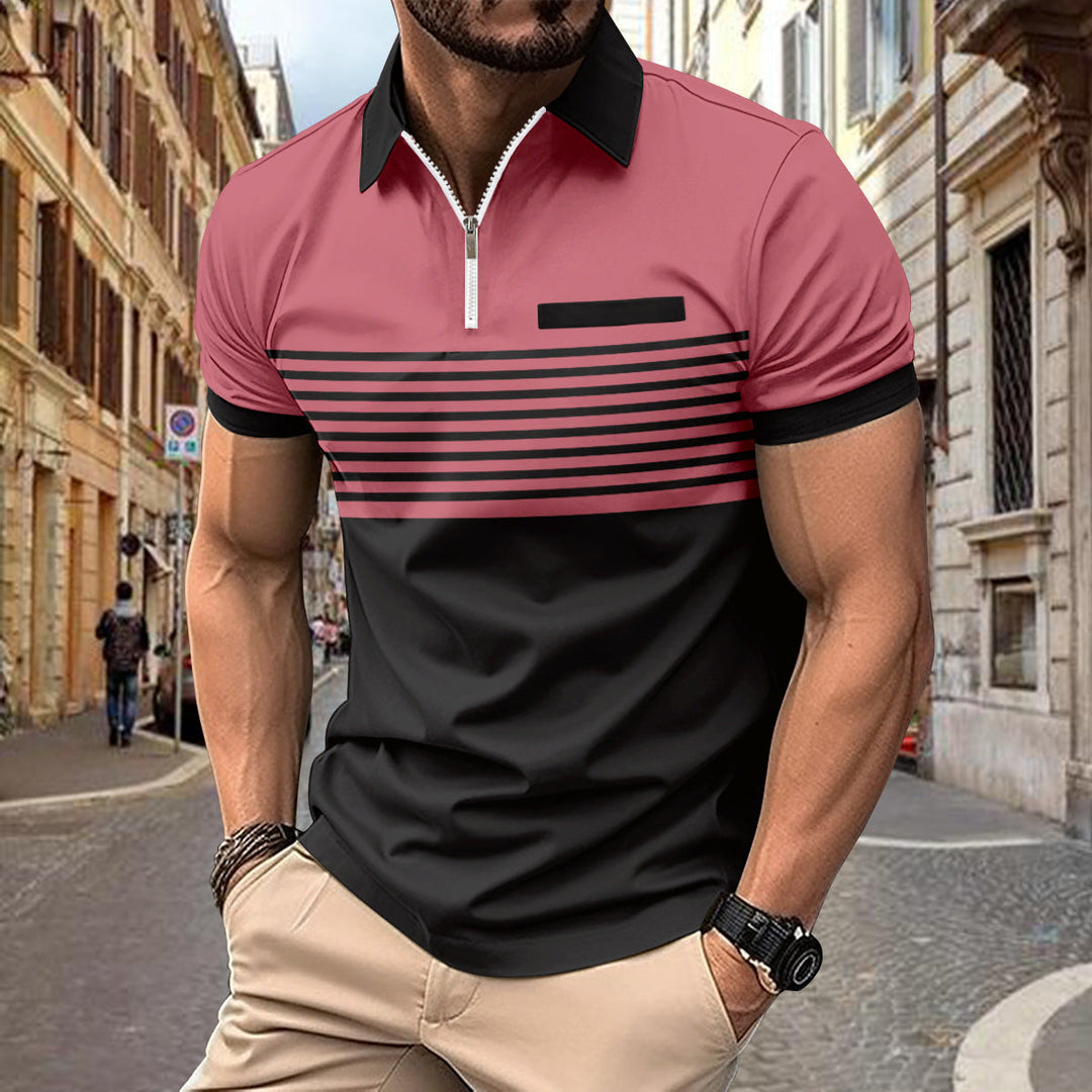 Modern men's zip polo top, short sleeve, featuring bold contrast stripes, comfortable everyday wear.