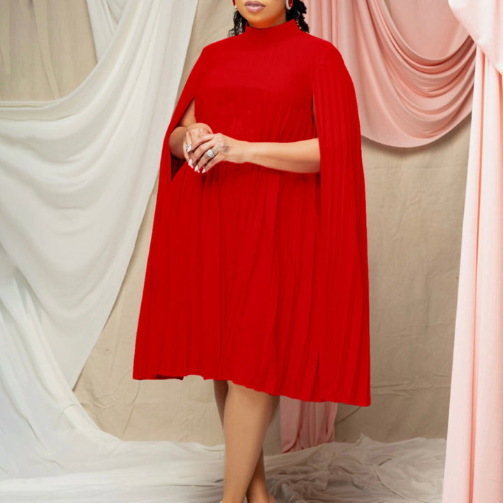 Elegant black pleated cape dress for women. High collar, long sleeves, perfect for formal events & evening wear.