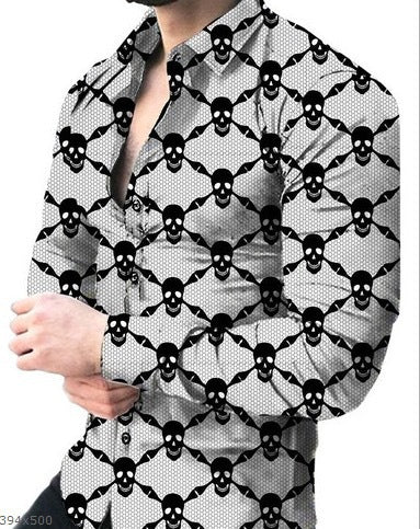Close-up of the unique floral pattern on a modern men's long sleeve button-down shirt. Stylish detail.