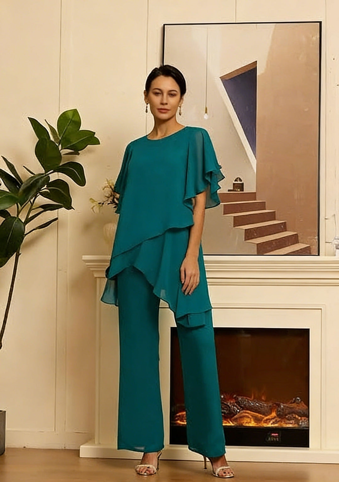 Stylish women's two-piece set featuring elegant top with airy sleeves & matching pants.