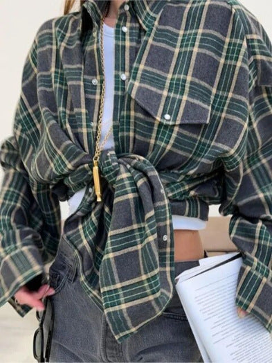 Everyday women's oversized plaid shirt blouse, long sleeve, button-up, relaxed fit for easy style.