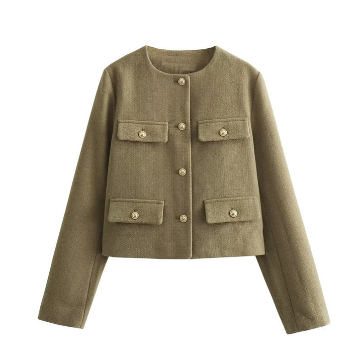 Sophisticated cropped jacket, women's tailored fit, gold buttons, long sleeve, versatile outerwear.