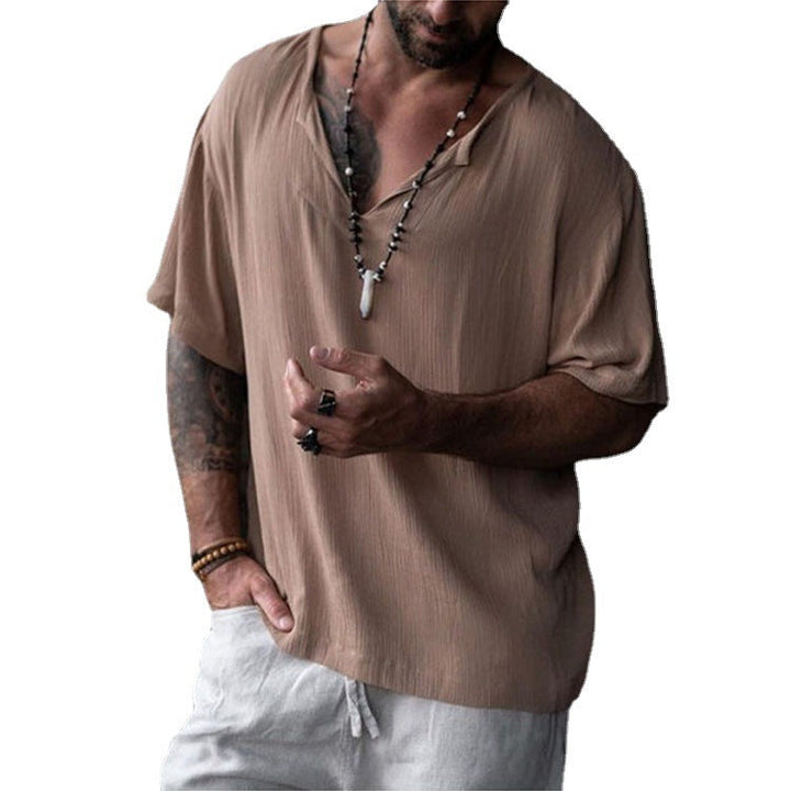 Men's summer V-neck shirt, short sleeve, featuring a casual relaxed fit for ultimate warm day comfort.