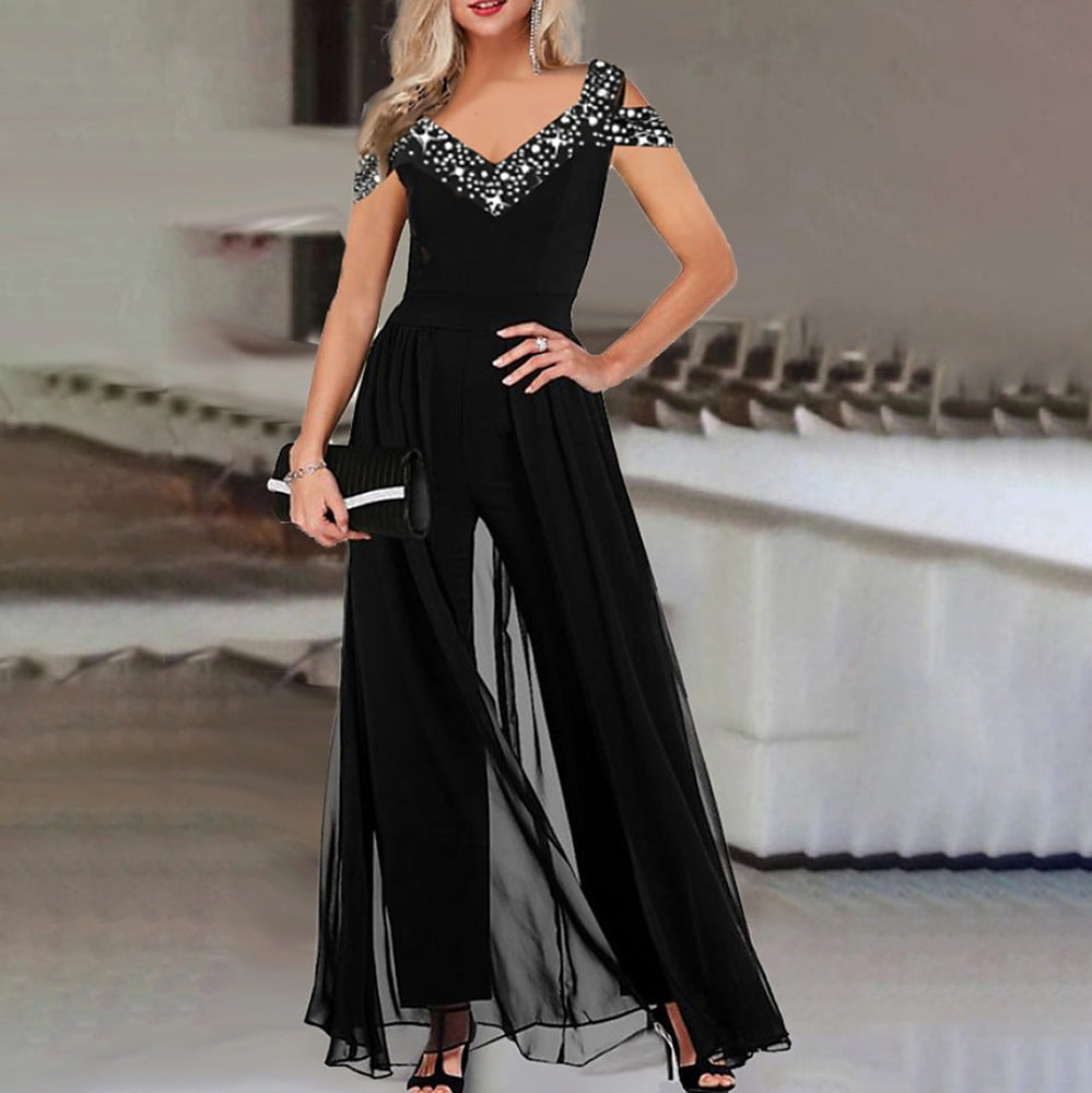 Elegant black sequin off-shoulder wide-leg women's jumpsuit, perfect for evening parties & formal occasions.