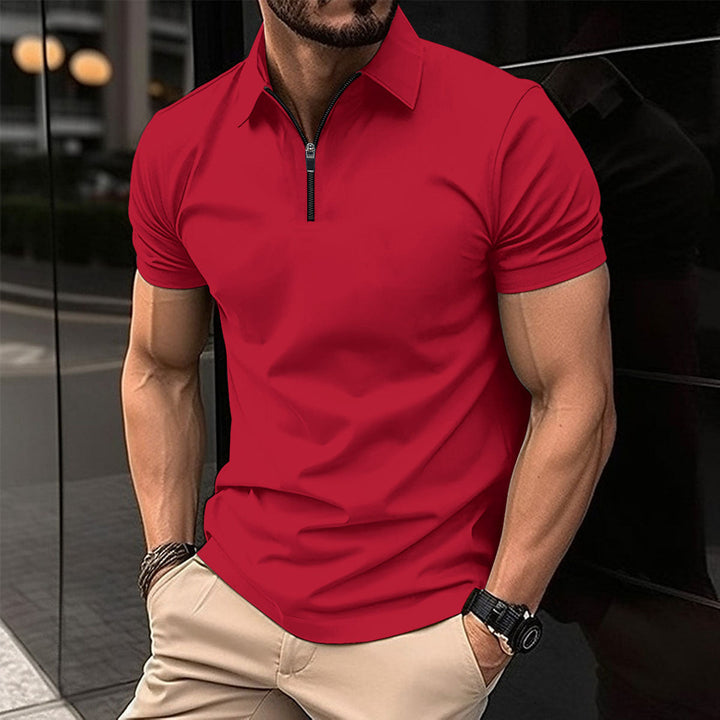 Men's modern performance zip polo shirt, short sleeve, sleek design, comfortable activewear.