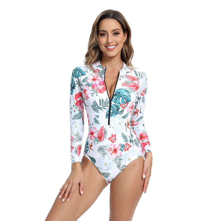Full coverage women's long sleeve protective swimsuit for ultimate sun safety beachwear.
