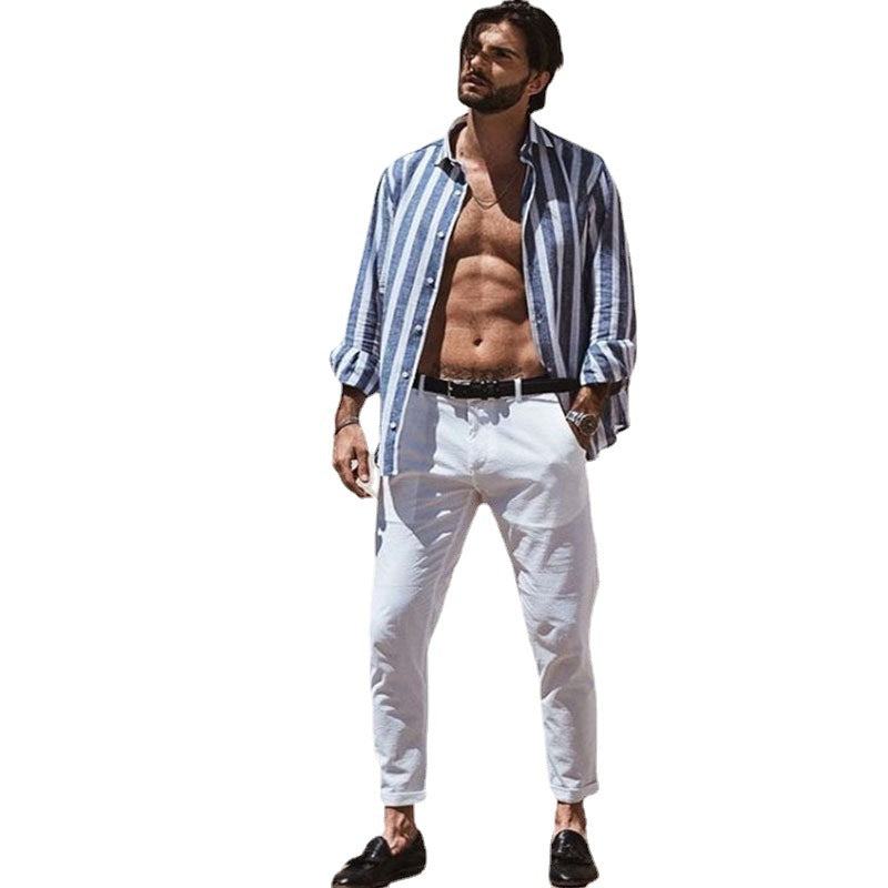 Versatile men's casual striped short sleeve button-up shirt, relaxed fit, for summer, vacation, & smart casual.
