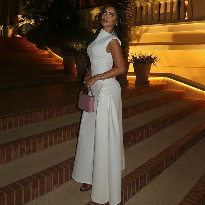 Versatile long evening dress for women featuring a chic stand collar & trendy side slit, ideal for special occasions.