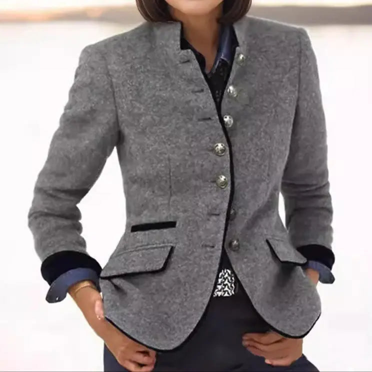 Elegant women's fitted blazer, tailored with a collared design and button front for sophisticated office wear.