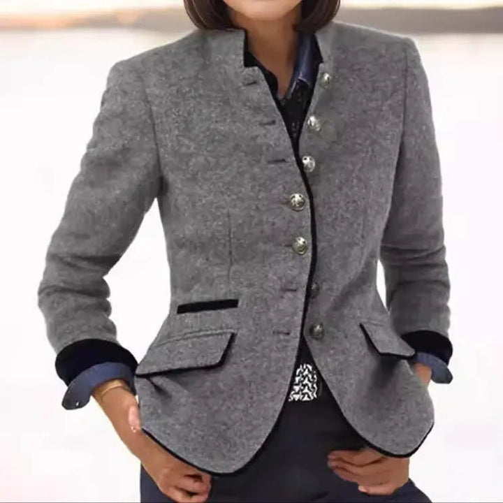 Elegant women's fitted blazer, tailored with a collared design and button front for sophisticated office wear.