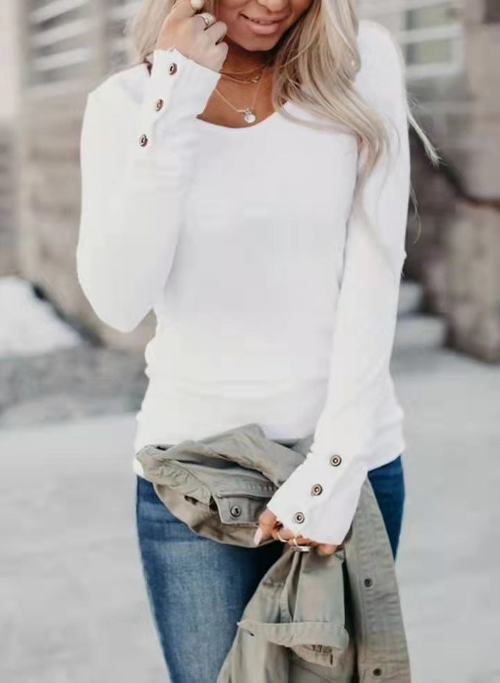 Women's slim fit V-neck long sleeve top with elegant button detail, perfect for casual or stylish wear.