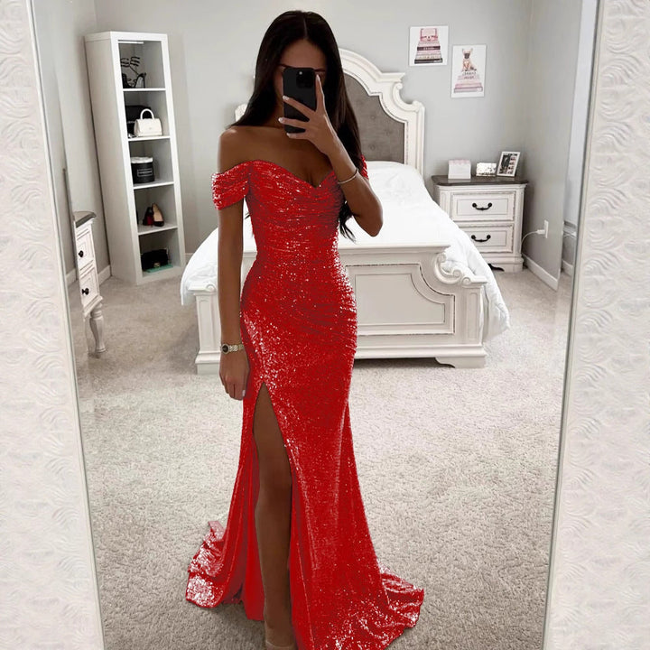 Flowing women's off-shoulder sequin party dress. Shimmering maxi gown for elegant evening events and cocktails.